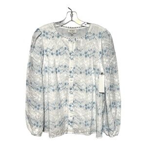Aura Floral Embroidered Lace Trim Long Sleeve Button Front Top White Blue Medium